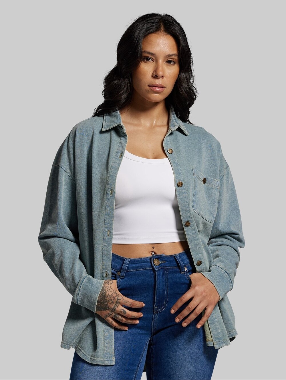 Born Primitive sz M Oversized Stretch Denim Button Up Shirt Medium
